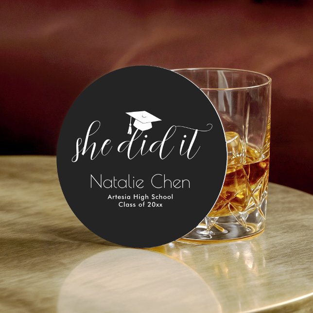 Modern Black Elegant Fonts Graduation Round Paper Coaster (Creator Uploaded)