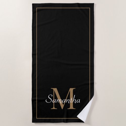 Modern Black Elegant Gold Monogram Beach Towel