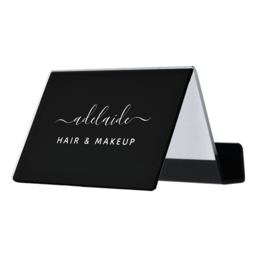 Modern Black Elegant Hair Stylist Script Signature Desk Business Card Holder