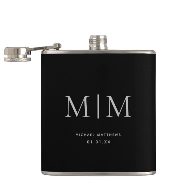 Modern Black Elegant Monogrammed Initial Name Flask (Opened)