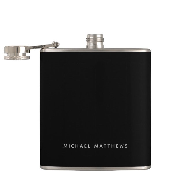 Modern Black Elegant Monogrammed Name Classic Dad Flask (Opened)