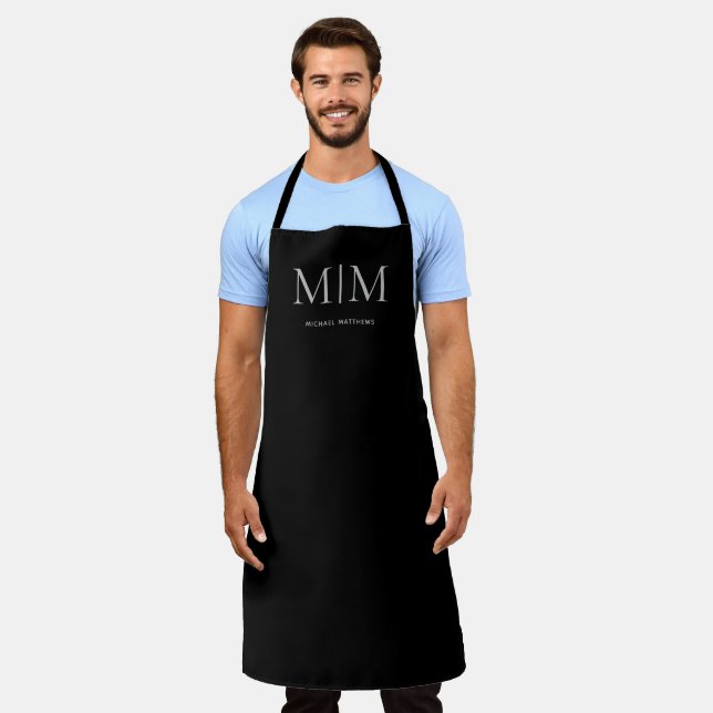 Modern Black Elegant Personalized Monogram Name Apron (Worn)