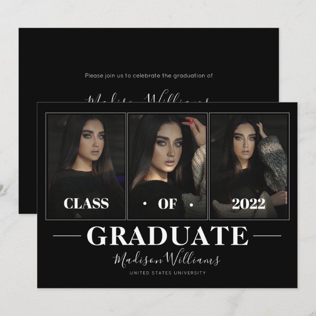 Modern Black Elegant Photo Collage Graduation Invitation (Front/Back)