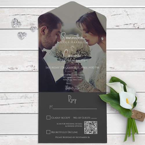 Modern Black Elegant Photo QR Code All In One Invitation