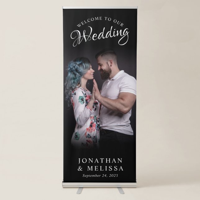 Modern Black Elegant Photo Script Wedding Welcome Retractable Banner (Front)