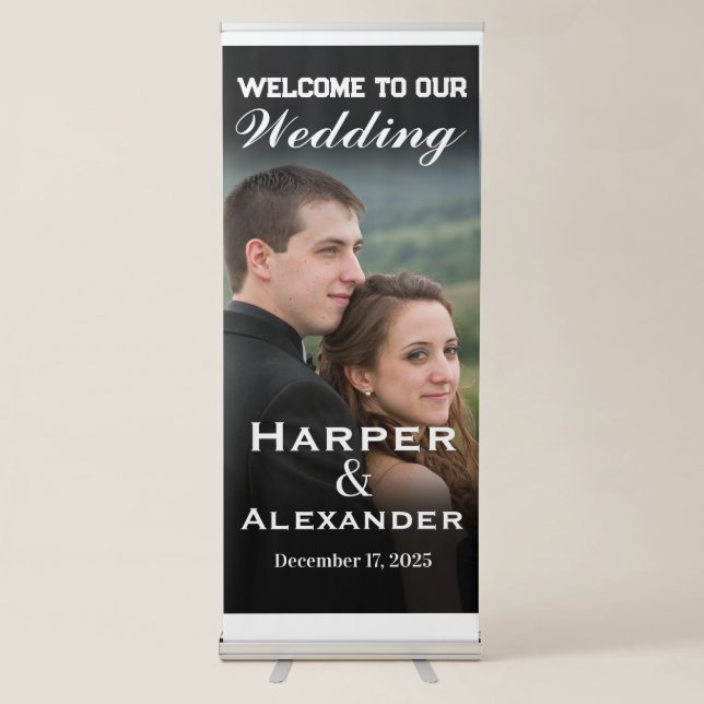 Modern Black Elegant Photo Wedding Welcome Sign (Front)