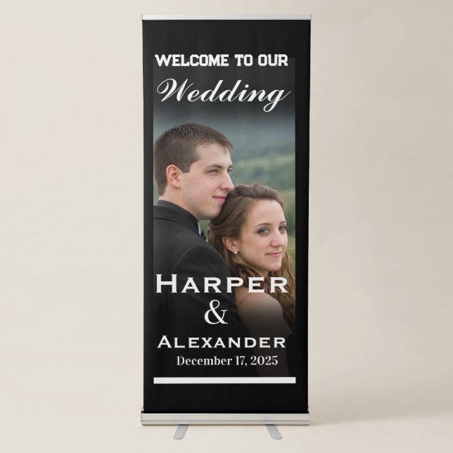 Modern Black Elegant Photo Wedding Welcome Sign (Front)