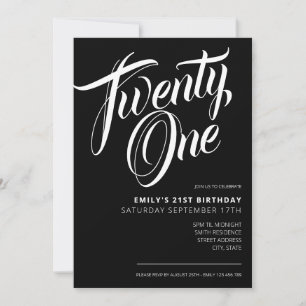 Modern Black Elegant Script 21st Birthday Invitation