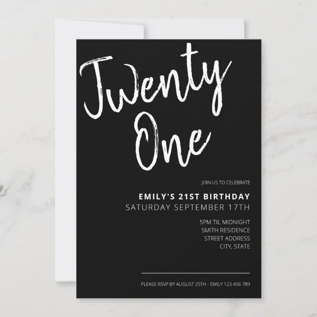 Modern Black Elegant Script 21st Birthday Invitation (Front)