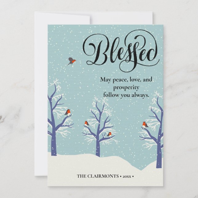 Modern Black Elegant Script BLEESED Cardinal Bird Holiday Card (Front)