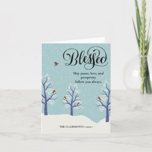 Modern Black Elegant Script BLEESED Cardinal Bird Holiday Card