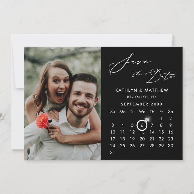 Modern Black Elegant Script Custom Calendar Photo Save The Date (Front)