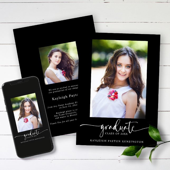 Modern Black Elegant Script Graduation Photo Announcement (Creator Uploaded)