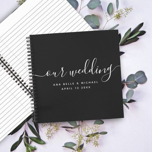Modern Black Elegant Script Simple Wedding Guest Notebook