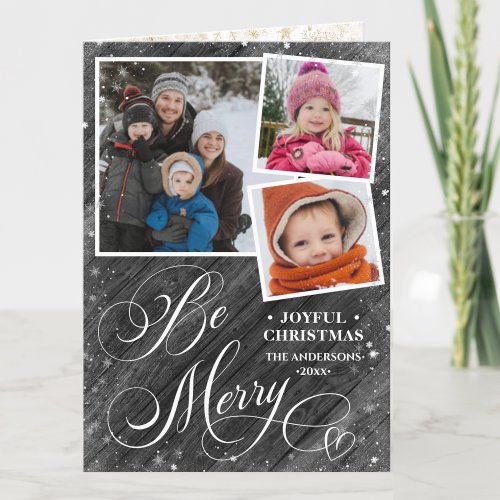 Modern Black Elegant Script Snowflakes Bokeh Flare Holiday Card