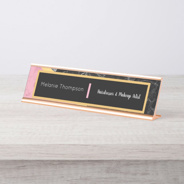Modern Black Elegant Trendy Pink Marble Script Desk Name Plate (Front)