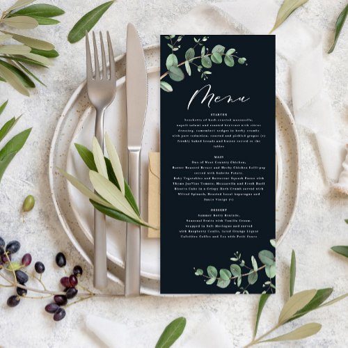 Modern black eucalyptus elegant wedding menu
