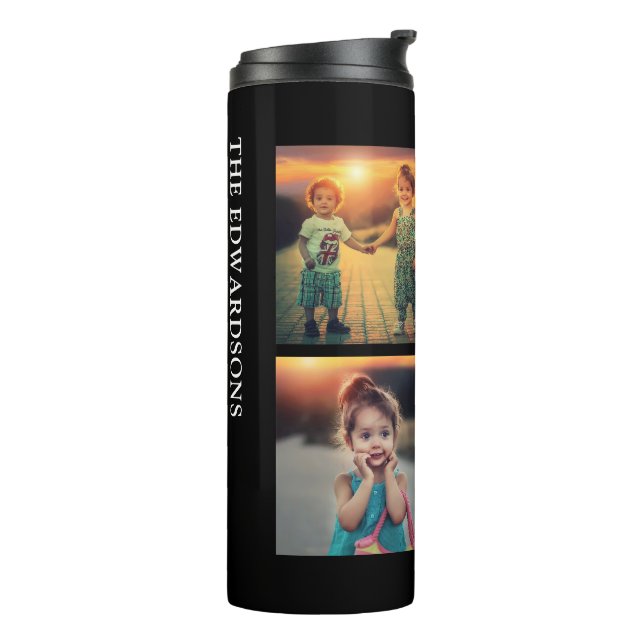 Modern black family 4 photo collage family name thermal tumbler (Rotated Left)