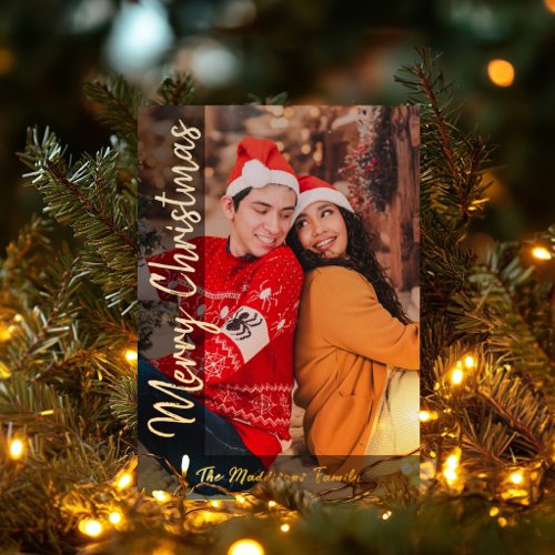 Modern Black Family Couple Christmas Photo Foil Holiday Card
