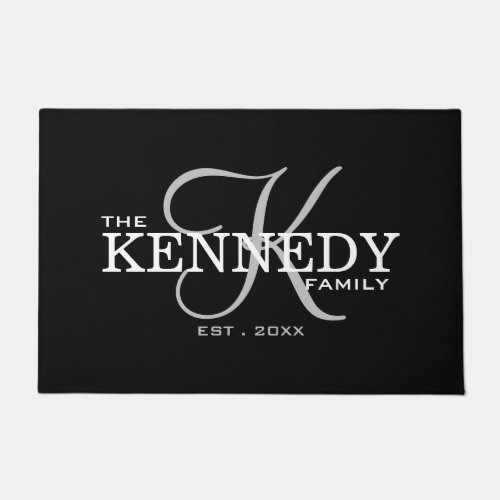 Modern Black Family Last Name Monogram  Doormat