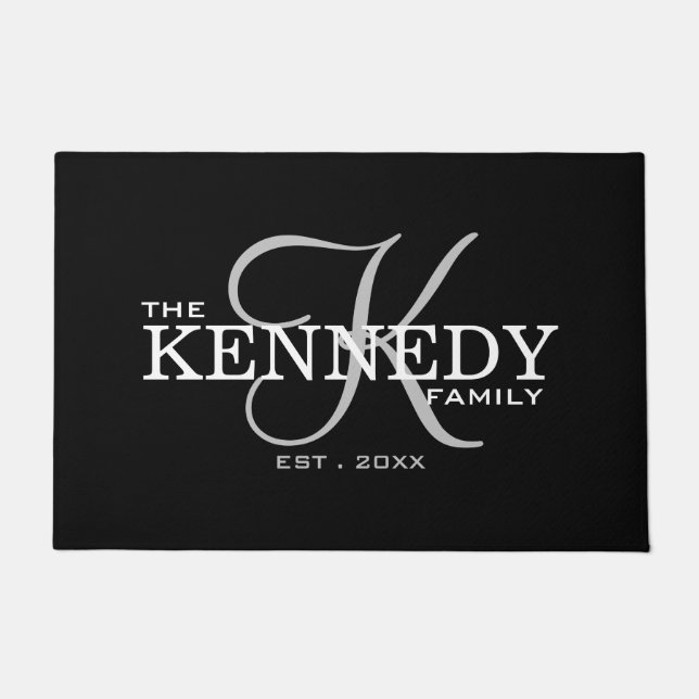 Modern Black Family Last Name Monogram  Doormat (Front)