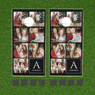 Modern Black Family Monogram 7 Photo Collage Cornhole Set