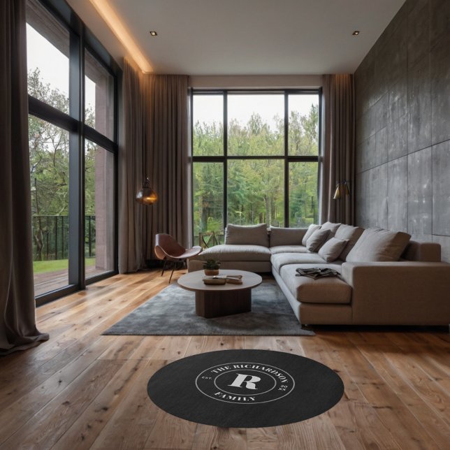 Modern Black Family Name Monogram Stamp Rug (Creator Uploaded)