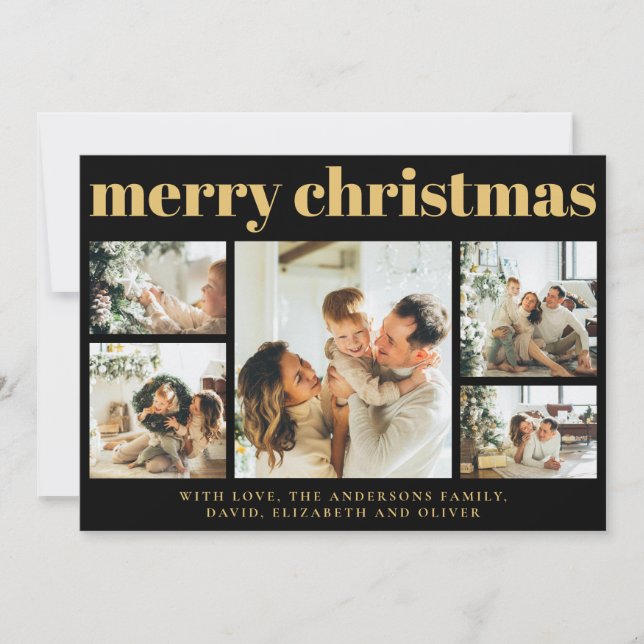 Modern Black | Family Photo Collage Christmas Holiday Card (Front)