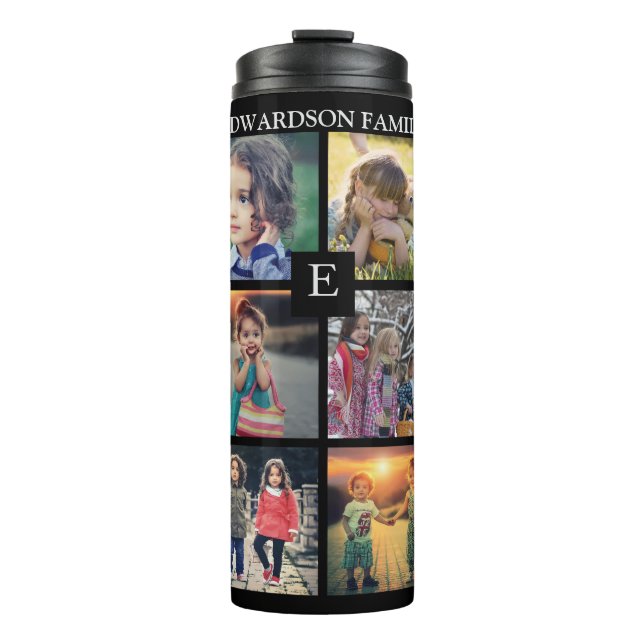 Modern black family photo collage family name thermal tumbler (Front)