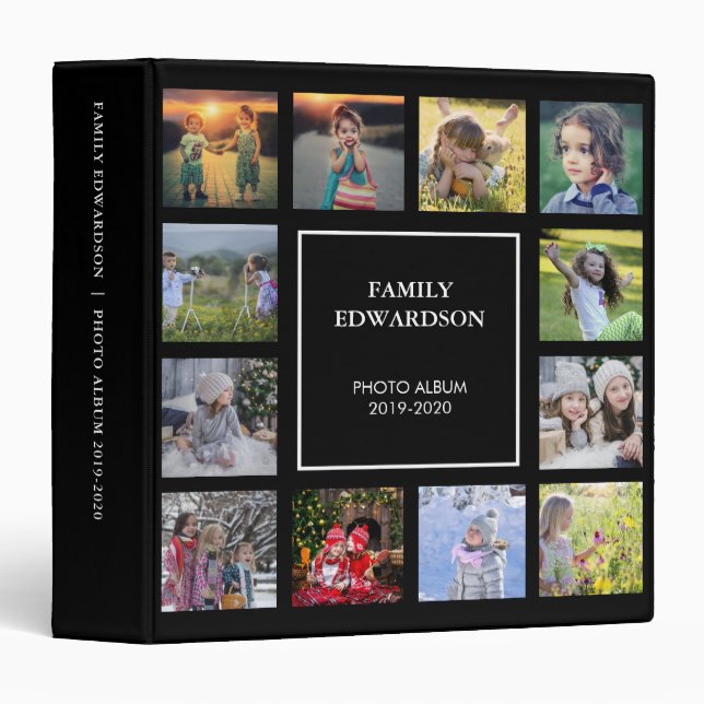 Modern black family photo collage monogram name 3 ring binder (Front/Spine)
