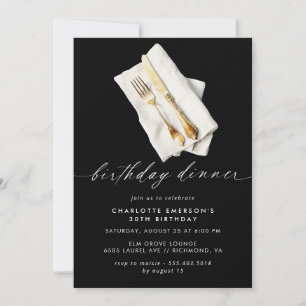Modern Black Fancy Script Birthday Dinner Party Invitation