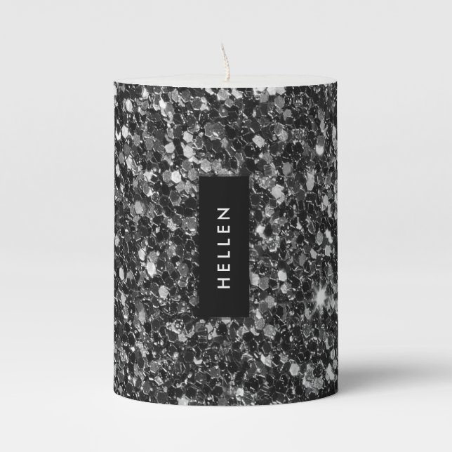 Modern Black Faux Glitter & Monogram Pillar Candle (Front)
