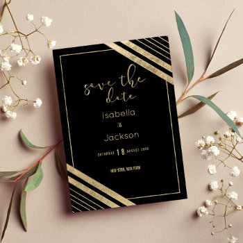 Modern Black Faux Gold Geometrical Save The Date by kicksdesign at Zazzle