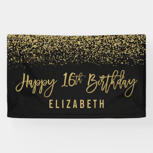 Modern Black Faux Gold Glitter 16th Birthday Banner