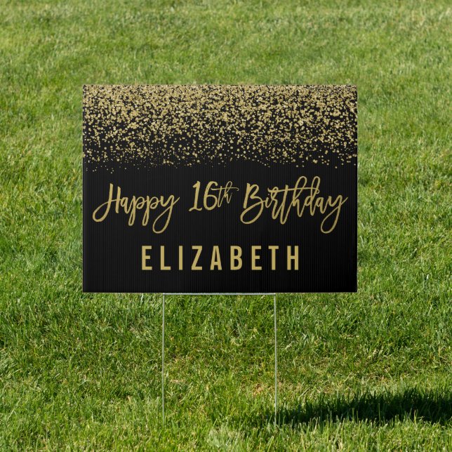 Modern Black Faux Gold Glitter 16th Birthday Yard Sign (Insitu)