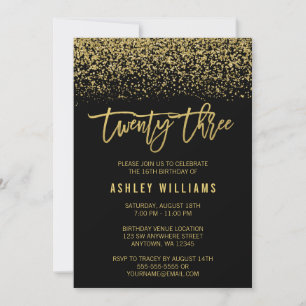 Modern Black Faux Gold Glitter 23rd Birthday Invitation