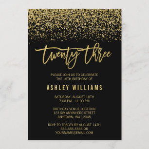 Modern Black Faux Gold Glitter 23rd Birthday Invitation