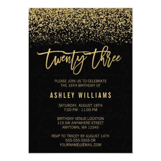 Modern Black Faux Gold Glitter 23rd Birthday Invitation | Zazzle.com