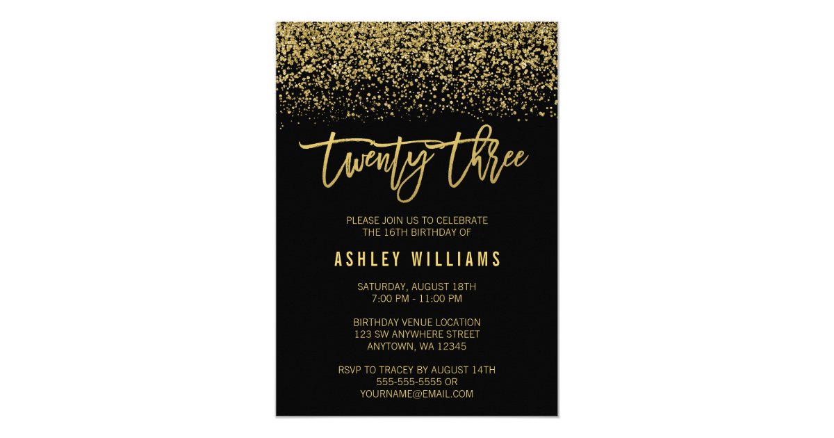 modern black faux gold glitter 23rd birthday invitation birthday invitation postcards