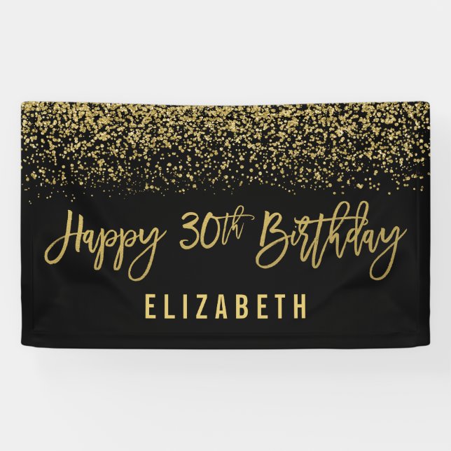 Modern Black Faux Gold Glitter 30th Birthday Banner (Horizontal)