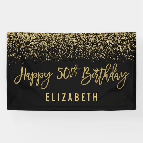 Modern Black Faux Gold Glitter 50th Birthday Banner