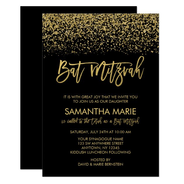 Modern Black Faux Gold Glitter Bat Mitzvah Invitation