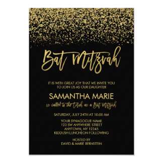 Modern Black Faux Gold Glitter Bat Mitzvah Card