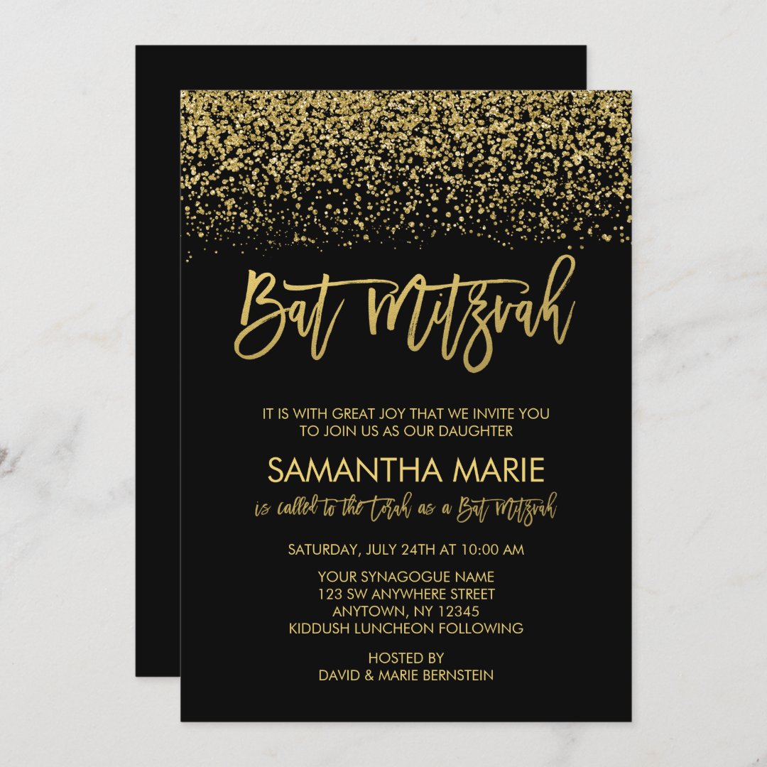 Modern Black Faux Gold Glitter Bat Mitzvah Invitation | Zazzle