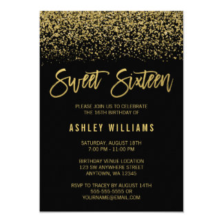 Modern Black Faux Gold Glitter Sweet 16 Birthday Card