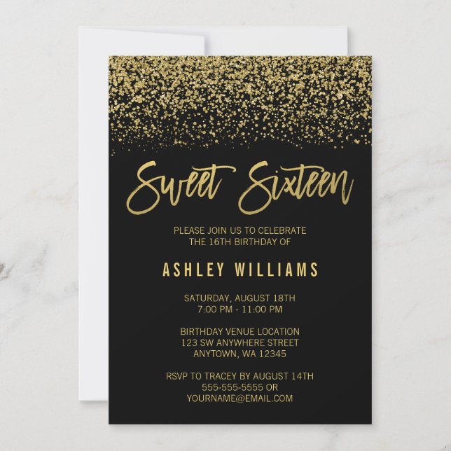 Modern Black Faux Gold Glitter Sweet 16 Birthday Invitation (Front)