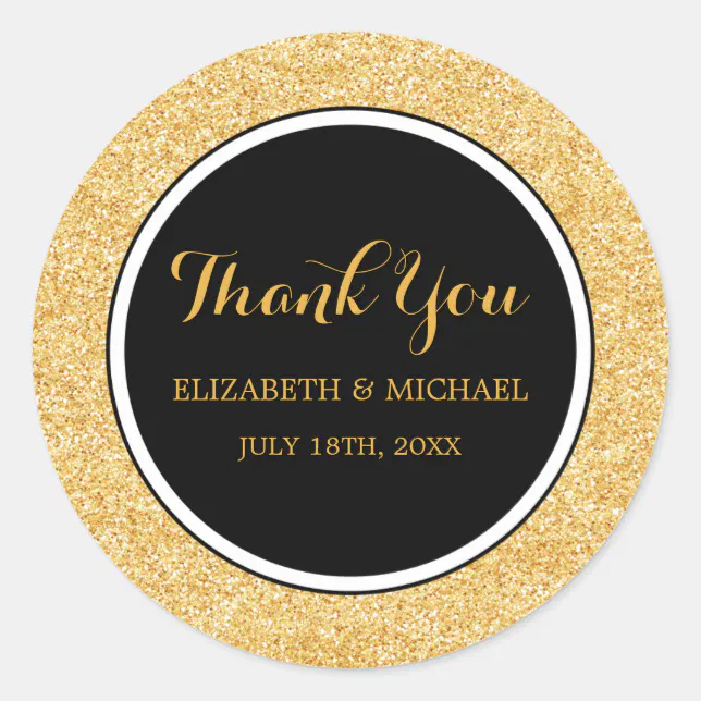 Modern Black Faux Gold Glitter Wedding Thank You Classic Round Sticker