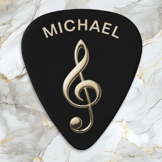 Modern Black Faux Gold Treble Clef Monogrammed Guitar Pick