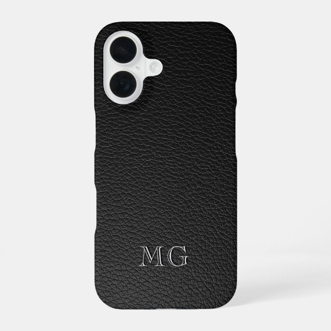 Modern Black Faux Leather White Monogram Initials Iphone Case (Back)