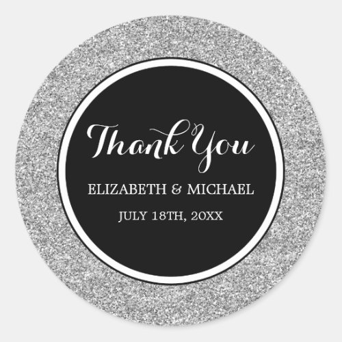 Modern Black Faux Silver Glitter Wedding Thank You Classic Round Sticker